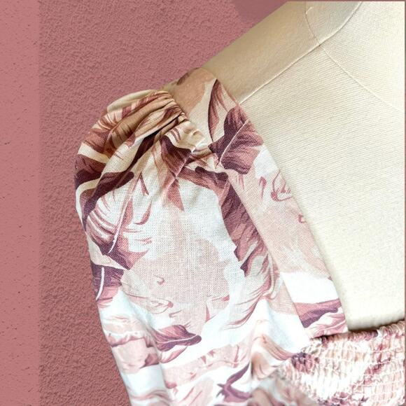 NWT House of Harlow 1960 Palm Leaf Linen Smocked Midi Dress L Cottagecore Boho - Picture 7 of 16